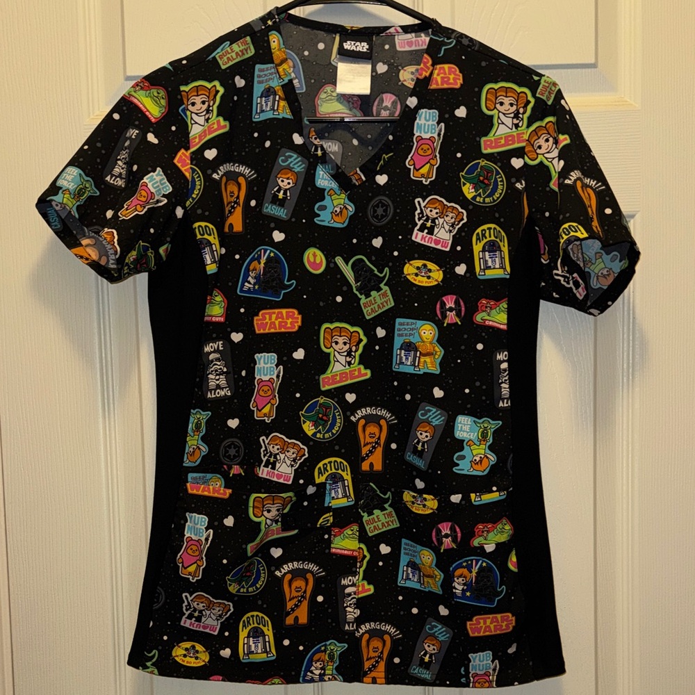 WonderWink Black Scrub Top with Colorful Sci-Fi Characters